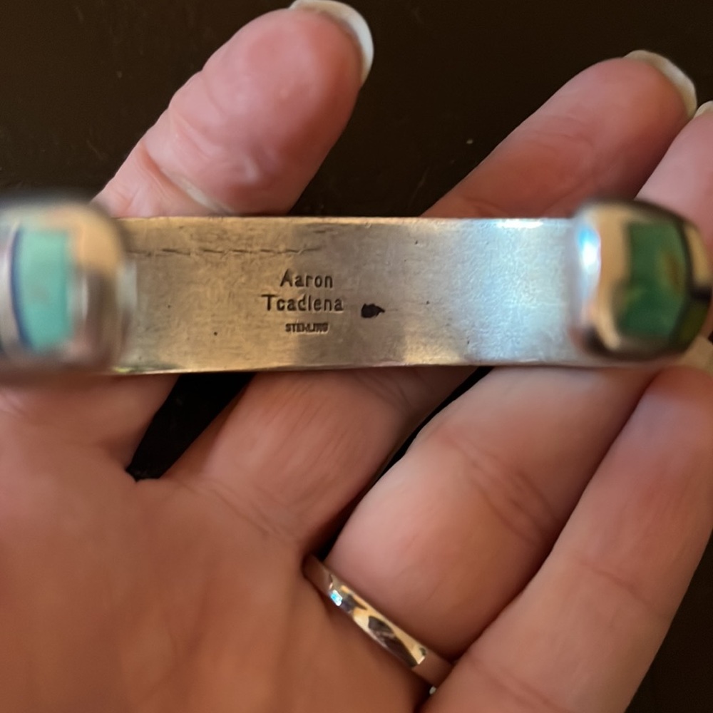 Vintage Native American Navajo Aaron Toadlena Turquoise Silver Inlay Bracelet - Picture 7 of 17